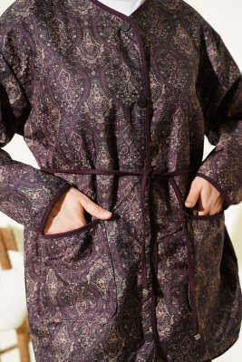 Retro Desen Kapitone Ceket Mürdüm - Ceket