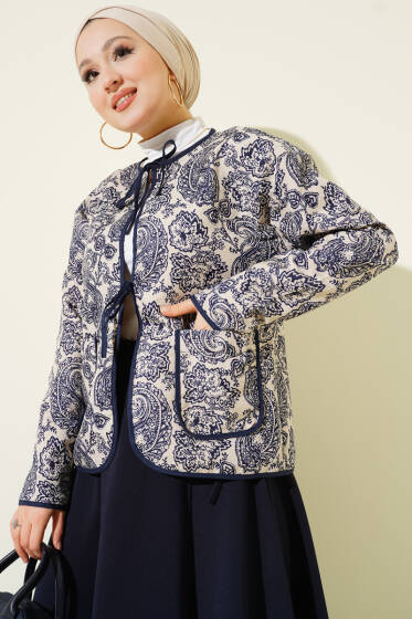 Retro Desen Kapitone Kısa Ceket Bej - Ceket