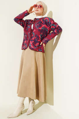 Retro Desen Kapitone Kısa Ceket Bordo - Ceket