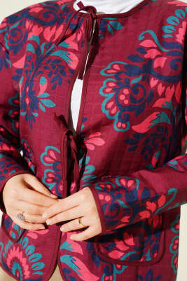 Retro Desen Kapitone Kısa Ceket Bordo - Ceket