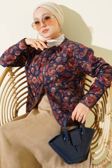 Retro Desen Kapitone Kısa Ceket Kahve - Ceket