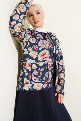 Retro Desen Kapitone Kısa Ceket Lacivert - FİXAY