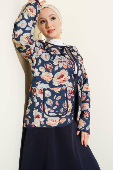 Retro Desen Kapitone Kısa Ceket Lacivert - Ceket