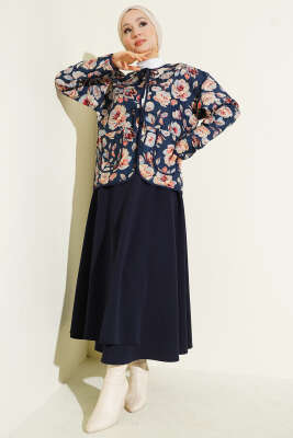 Retro Desen Kapitone Kısa Ceket Lacivert - Ceket