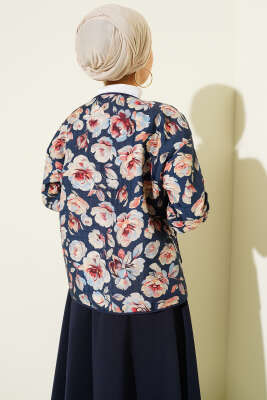 Retro Desen Kapitone Kısa Ceket Lacivert - Ceket