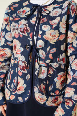 Retro Desen Kapitone Kısa Ceket Lacivert - Ceket