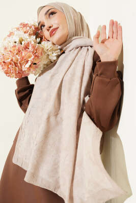 Retro Desenli Bambu Kraş Şal Bej - ŞEHRİ ŞAL