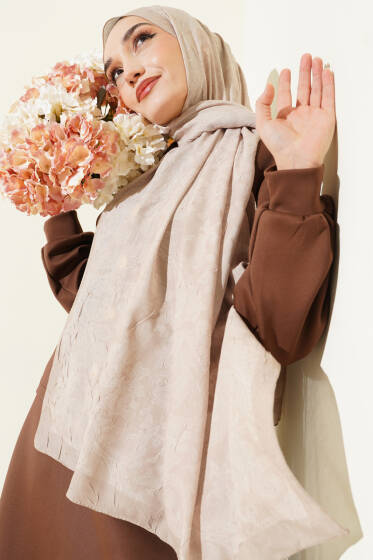 Retro Desenli Bambu Kraş Şal Bej - Başörtüsü