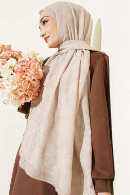 Retro Desenli Bambu Kraş Şal Bej - Başörtüsü