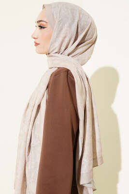 Retro Desenli Bambu Kraş Şal Bej - Başörtüsü