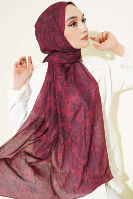 Retro Desenli Bambu Kraş Şal Bordo - Başörtüsü