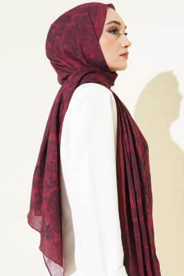 Retro Desenli Bambu Kraş Şal Bordo - Başörtüsü