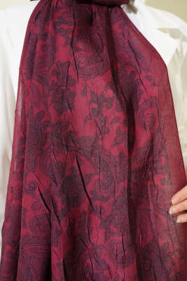 Retro Desenli Bambu Kraş Şal Bordo - Başörtüsü