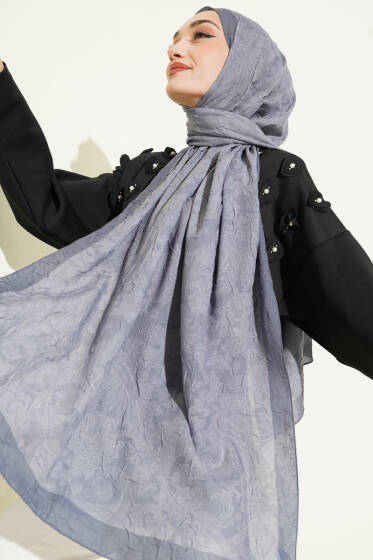 Retro Desenli Bambu Kraş Şal Gri - Başörtüsü