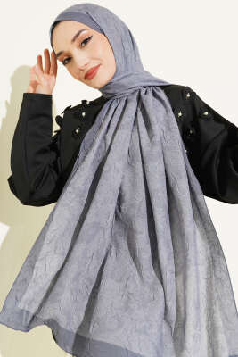 Retro Desenli Bambu Kraş Şal Gri - Başörtüsü