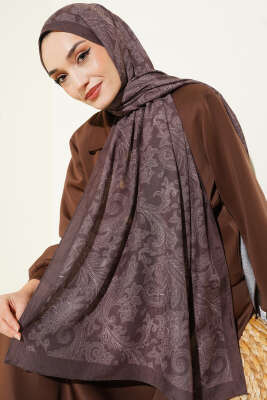 Retro Desenli Bambu Kraş Şal Kahve - Başörtüsü