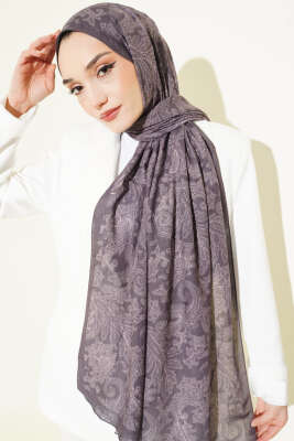 Retro Desenli Bambu Kraş Şal Kestane - Başörtüsü