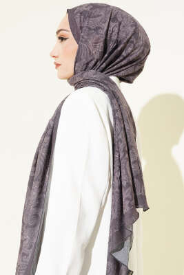 Retro Desenli Bambu Kraş Şal Kestane - Başörtüsü