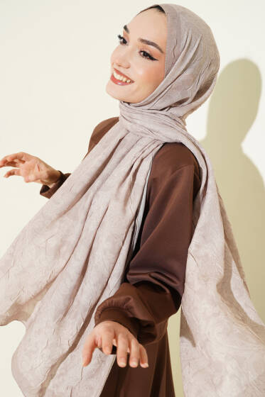 Retro Desenli Bambu Kraş Şal Kum Bej - Başörtüsü