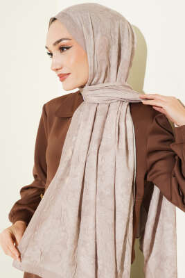 Retro Desenli Bambu Kraş Şal Kum Bej - Başörtüsü