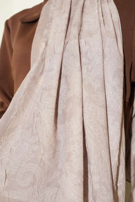 Retro Desenli Bambu Kraş Şal Kum Bej - Başörtüsü