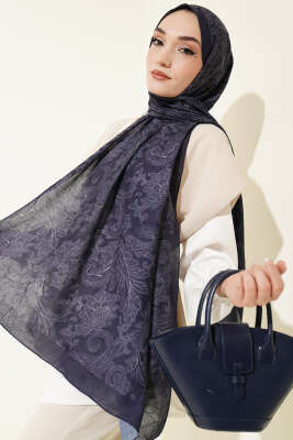 Retro Desenli Bambu Kraş Şal Lacivert 