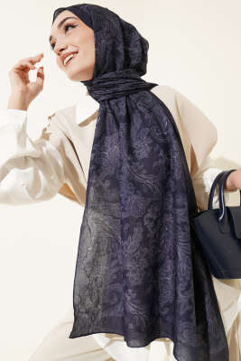 Retro Desenli Bambu Kraş Şal Lacivert - Başörtüsü