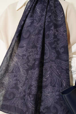 Retro Desenli Bambu Kraş Şal Lacivert - Başörtüsü