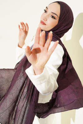 Retro Desenli Bambu Kraş Şal Mürdüm 