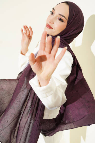 Retro Desenli Bambu Kraş Şal Mürdüm - Başörtüsü