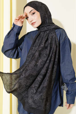 Retro Desenli Bambu Kraş Şal Siyah 