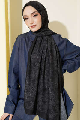 Retro Desenli Bambu Kraş Şal Siyah - Başörtüsü