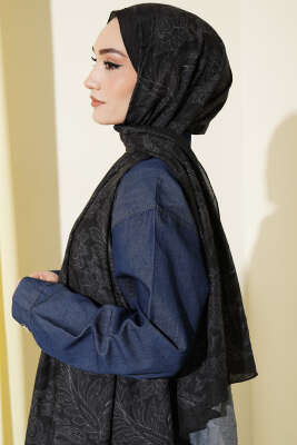 Retro Desenli Bambu Kraş Şal Siyah - Başörtüsü