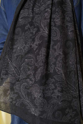 Retro Desenli Bambu Kraş Şal Siyah - Başörtüsü