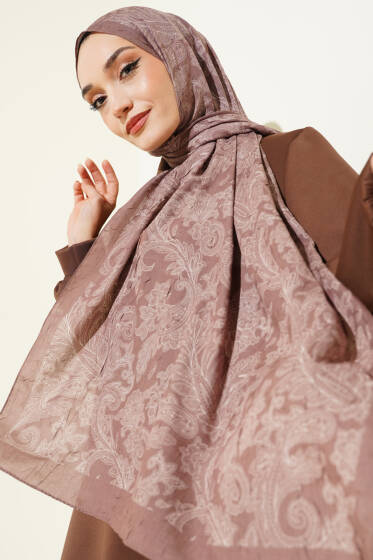 Retro Desenli Bambu Kraş Şal Soft Kahve - Başörtüsü