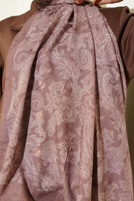 Retro Desenli Bambu Kraş Şal Soft Kahve - Başörtüsü