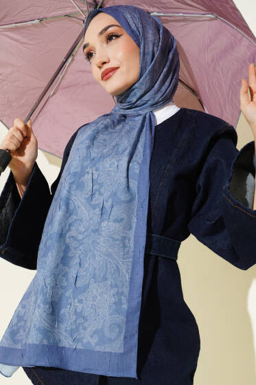 Retro Desenli Bambu Kraş Şal Soft Mavi - Başörtüsü