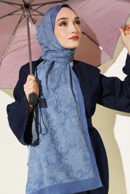 Retro Desenli Bambu Kraş Şal Soft Mavi - Başörtüsü