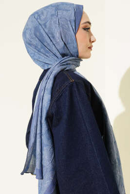 Retro Desenli Bambu Kraş Şal Soft Mavi - Başörtüsü