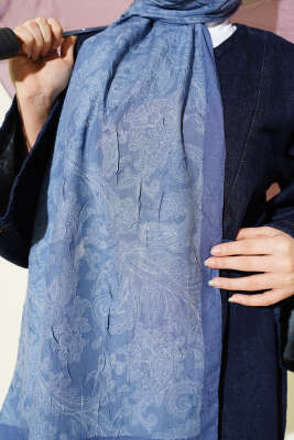 Retro Desenli Bambu Kraş Şal Soft Mavi - Başörtüsü