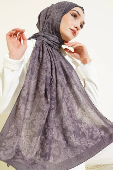 Retro Desenli Bambu Kraş Şal Vizon - Başörtüsü