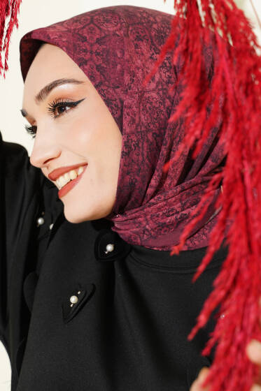 Retro Desenli Eşarp Bordo - Başörtüsü
