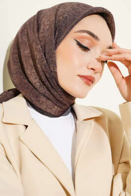 Retro Desenli Eşarp Koyu Kahve - VERTU (NYD TEKSTİL)