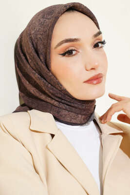 Retro Desenli Eşarp Koyu Kahve - Başörtüsü