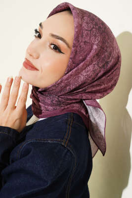 Retro Desenli Eşarp Koyu Lila 