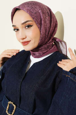 Retro Desenli Eşarp Koyu Lila - Başörtüsü