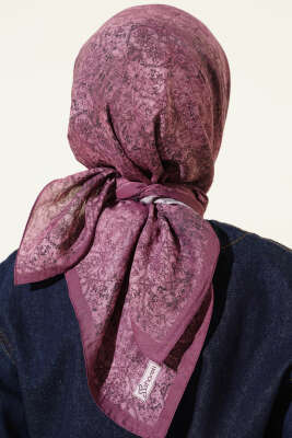 Retro Desenli Eşarp Koyu Lila - Başörtüsü