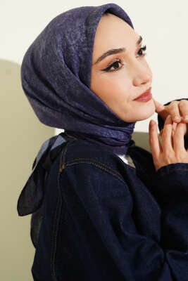 Retro Desenli Eşarp Lacivert - Başörtüsü