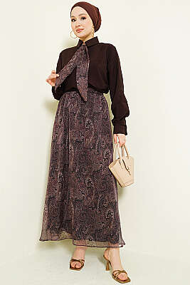 Retro Desenli Fularlı Etekli İkili Takım Acı Kahve - MUSTİ