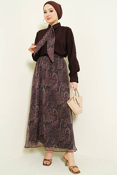 Retro Desenli Fularlı Etekli İkili Takım Acı Kahve - İkili Takım